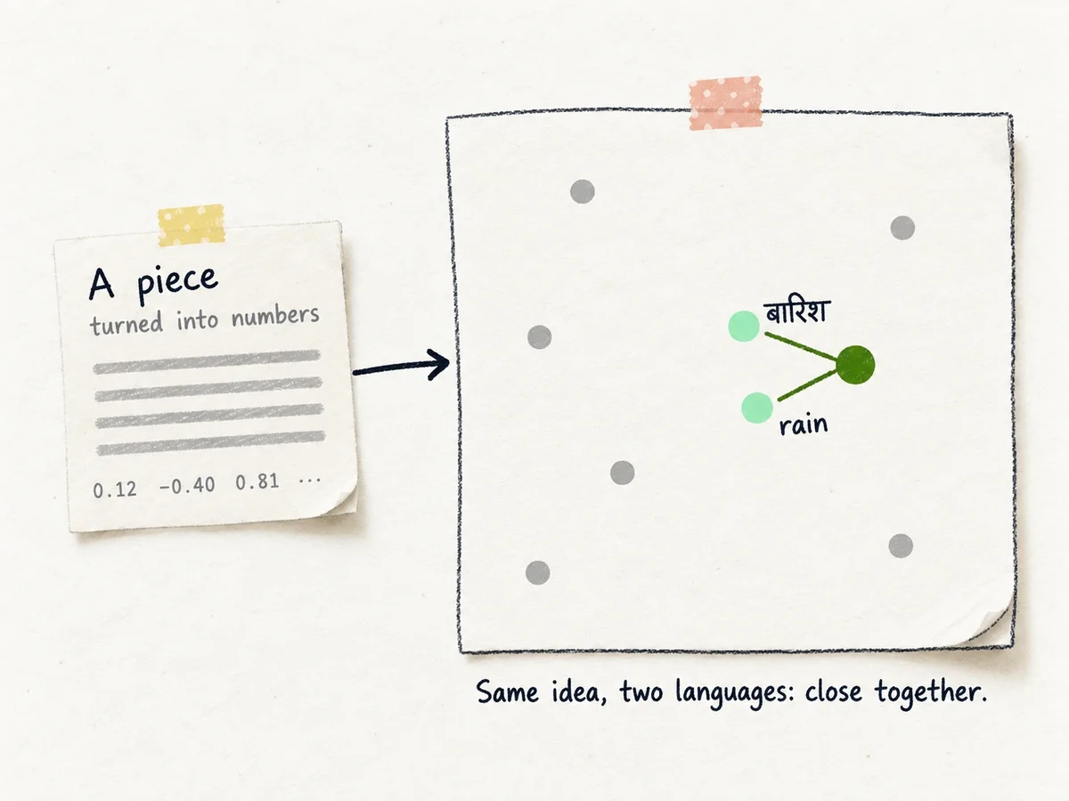 A hand-made diagram: a page called A piece is turned into numbers and becomes a point on a map. The Hindi word बारिश and the word rain sit close together, joined by green threads. Same idea, two languages: close together.