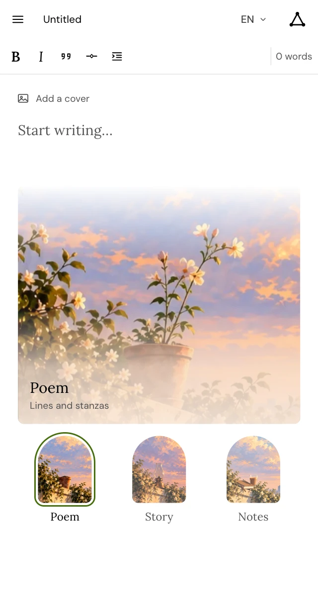 Ink: a blank page, ready to write, with Poem, Story and Notes to choose from. On a wider screen, a Hindi poem beside related Hindi and English pieces.