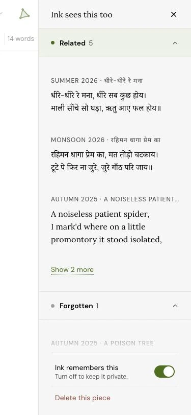 Ink sees this too opens beside the poem, with related Hindi and English pieces